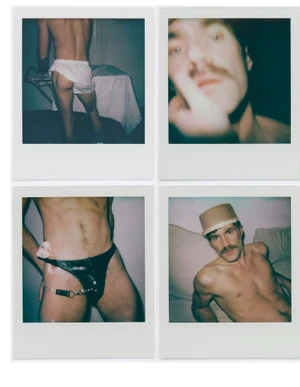 Four Polaroid prints showing candid shots of a man with a mustache wearing underwear and a hat for Behind the Blinds service boy project