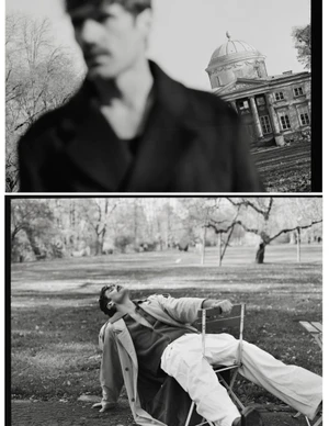Black and white editorial split image featuring a man in a coat outdoors and a blurry portrait by a classical building.