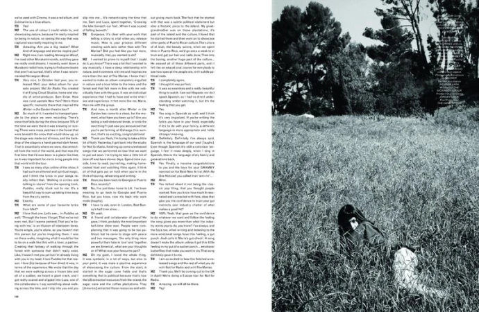 Black and white editorial magazine layout featuring a person lying in tall grass outdoors with trees in the background.