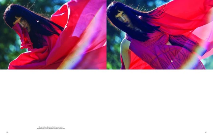 Two panel fashion spread featuring a woman in vibrant pink fabric with dark hair against an outdoor background for Pop Magazine.