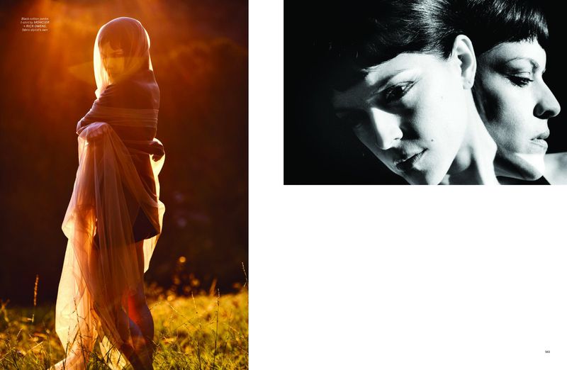 Woman draped in sheer fabric standing in a sunlit meadow, alongside a black and white close-up portrait.