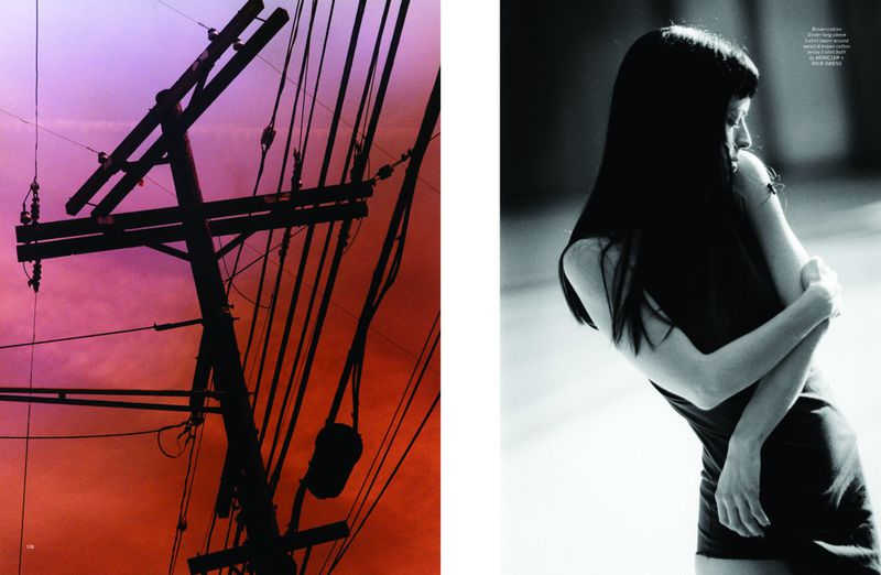 A black-and-white portrait of a woman with dark hair embracing herself alongside a red-toned image of utility poles.