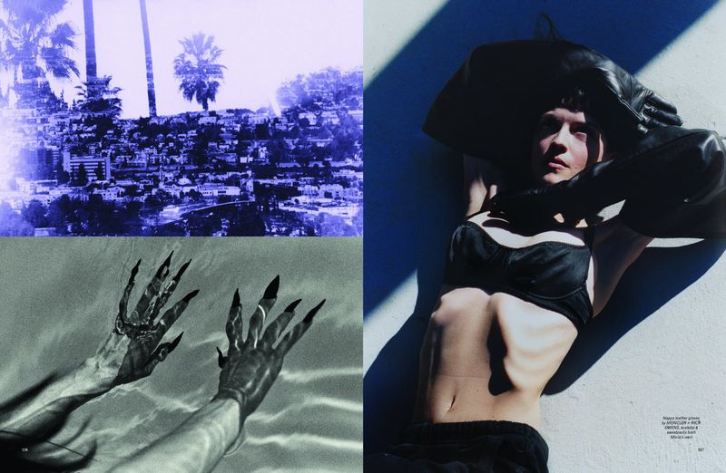 Editorial collage featuring a monochrome landscape, clawed hands in water, and a person in a black bra and long gloves.