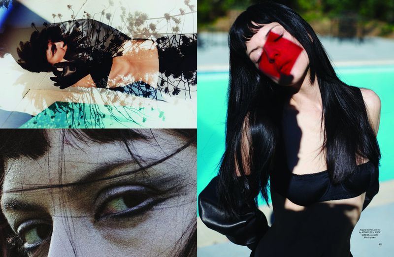 Collage layout of a woman with long black hair, featuring a red light pattern across her face and a swimming pool in the background.