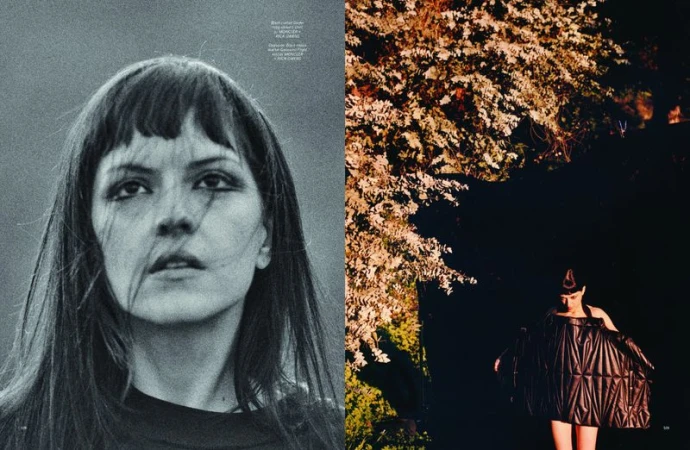 Close-up portrait of a woman with dark hair and bangs in a black top alongside a wider shot with trees in Pop Magazine.