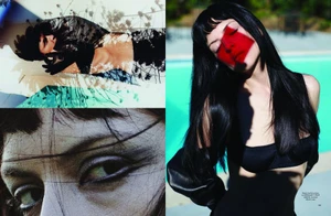 Collage layout of a woman with long black hair, featuring a red light pattern across her face and a swimming pool in the background.