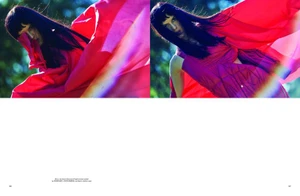 Two panel fashion spread featuring a woman in vibrant pink fabric with dark hair against an outdoor background for Pop Magazine.