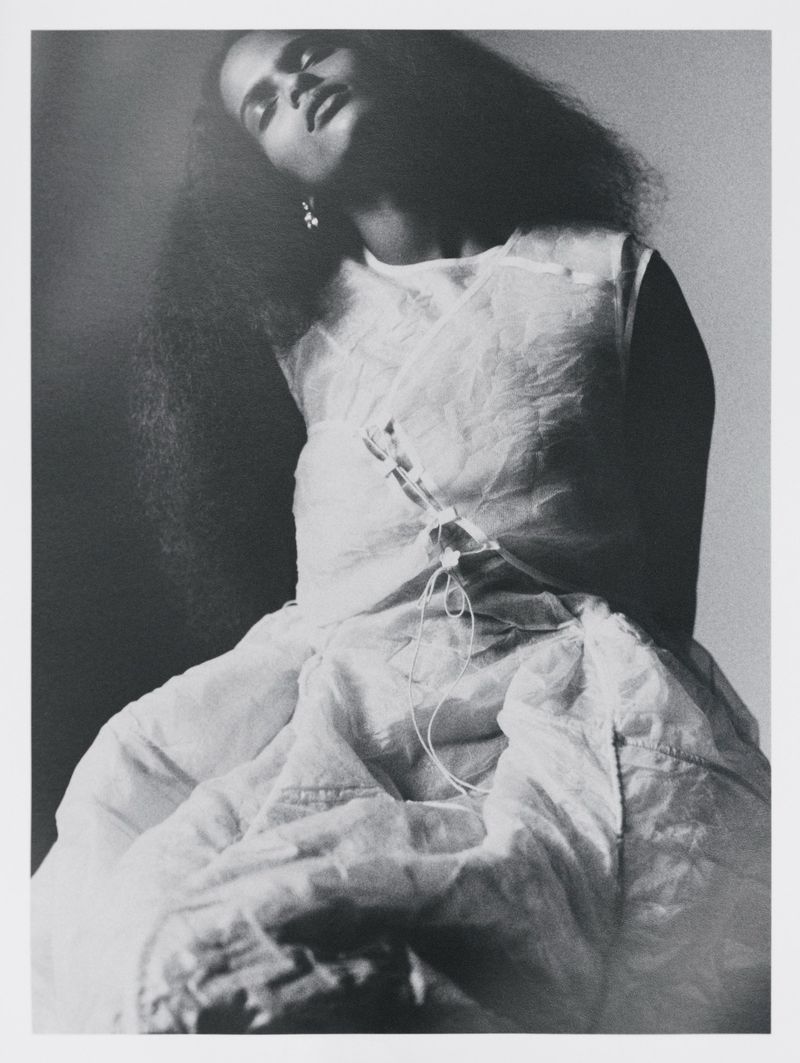 Black and white portrait of a model with voluminous dark hair wearing a translucent layered dress against a plain studio background.