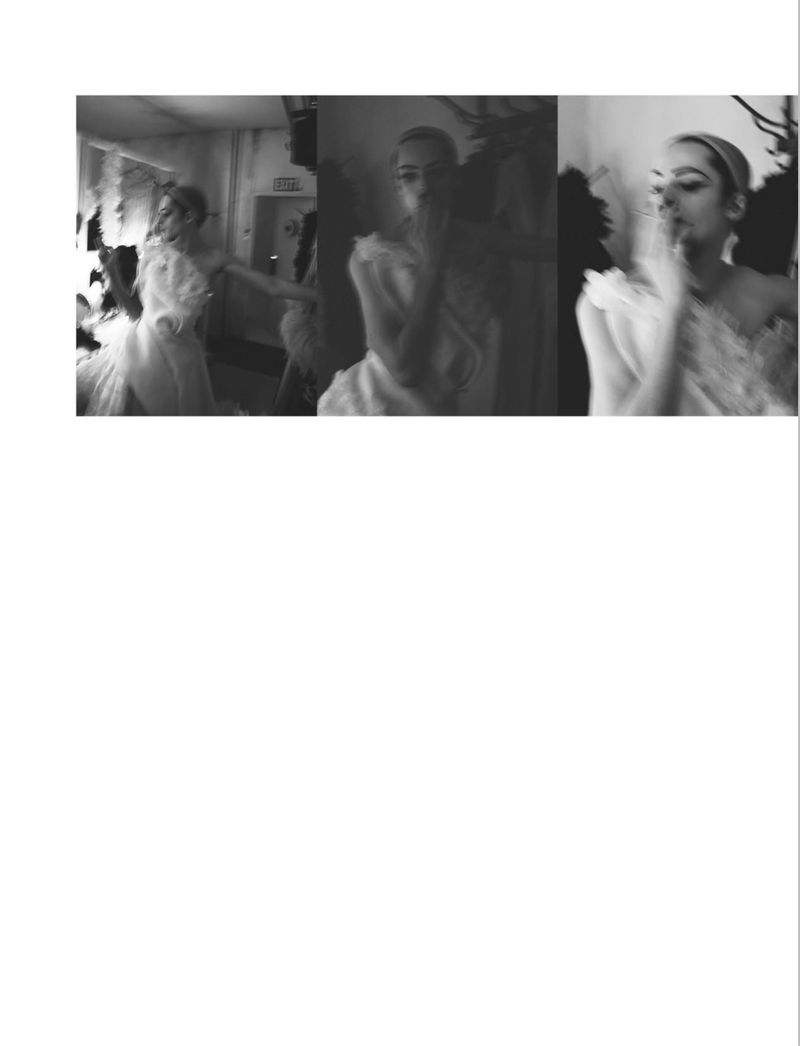 Monochrome three-panel photographic triptych showing blurred models wearing textured garments in an interior space
