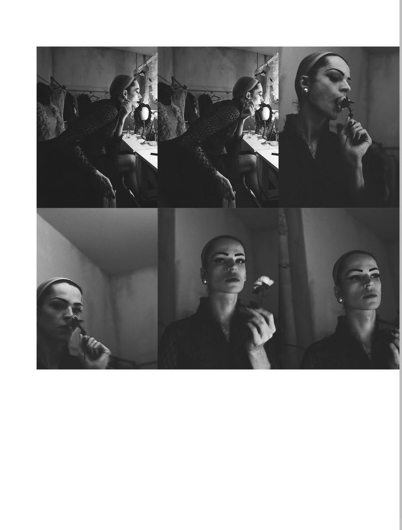Black and white montage of a bald adult female in front of a mirror, applying makeup, wearing earrings, and holding a flower.