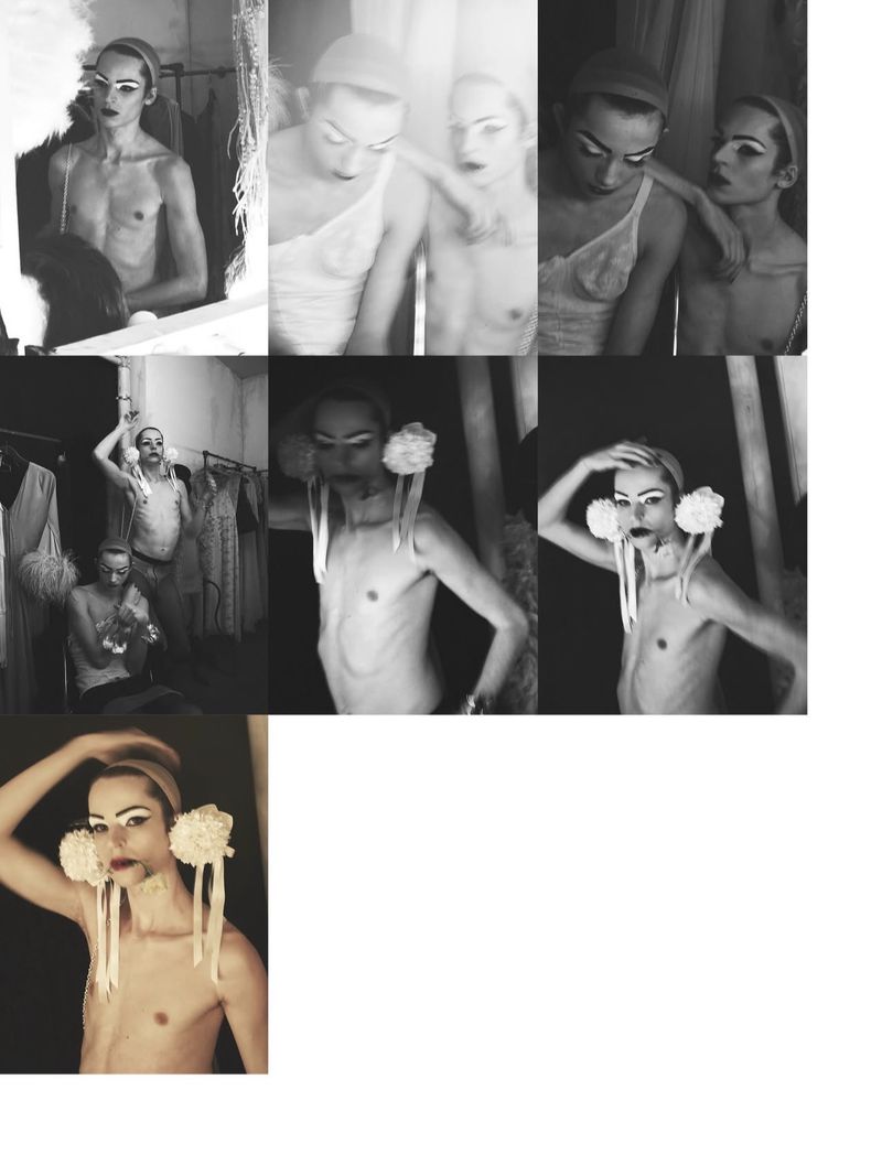 Black and white editorial photo collage showing male models in white tank tops and dramatic theatrical makeup for System Magazine