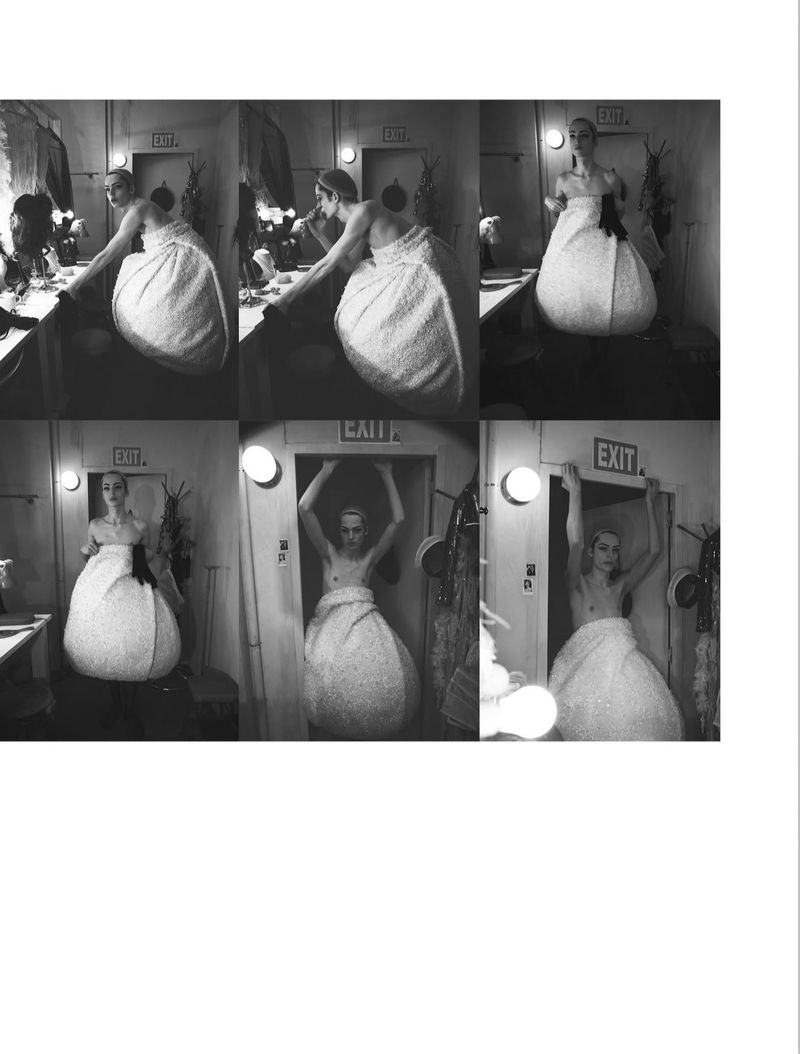 Black and white multi-panel photo of a person wearing a voluminous, sculptural white dress in a backstage dressing room