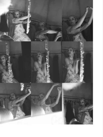 Black and white multi-panel editorial photo featuring a model in a textured gown captured by David Sims for System Magazine.