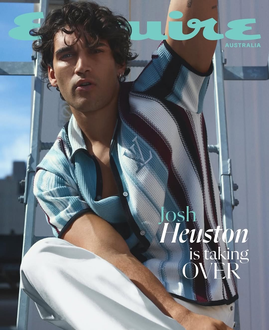 Magazine cover featuring a young adult male model in patterned shirt, posing on a ladder in an outdoor urban setting. Esquire Australia.