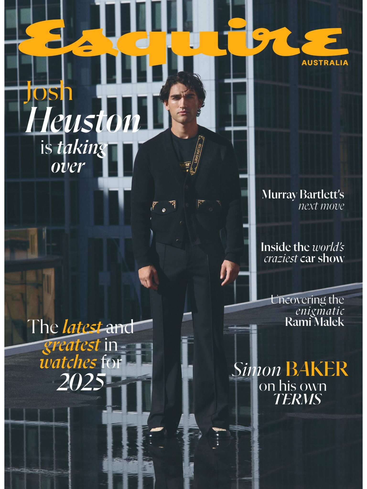 Magazine cover featuring Josh Heuston in an all-black outfit against a modern building. Esquire Australia logo visible at the top.