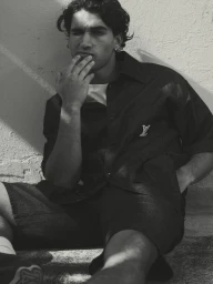 Josh Heuston seated against a textured wall wearing a dark button-down shirt and shorts for Esquire Australia.
