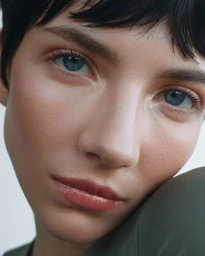 Close-up portrait of a woman with dark hair and blue eyes, wearing green apparel against a clean background