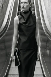 Model Liz Kennedy wearing a black high-collar sleeveless top and skirt holding a dark clutch on an escalator