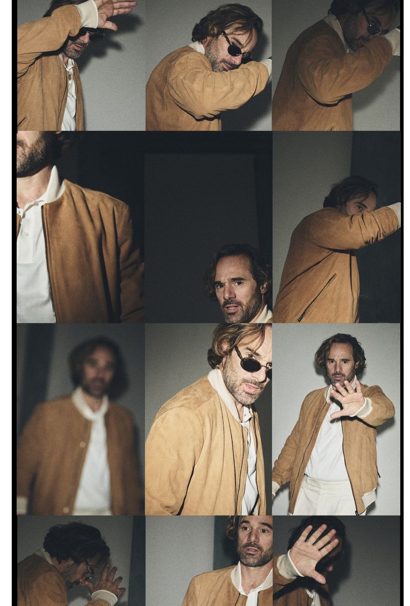 Multi-panel photographic grid featuring a man in a tan bomber jacket and sunglasses posing against a plain wall.