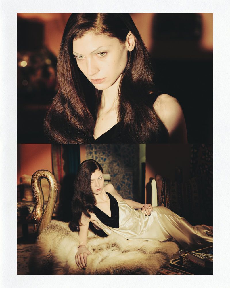 Diptyque portrait of a woman with long dark hair reclining on a fur throw in a warm interior for Marie Claire Belgium.