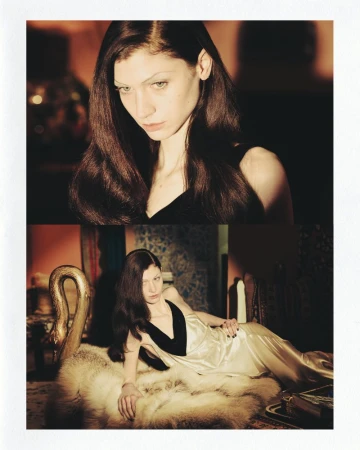 Diptyque portrait of a woman with long dark hair reclining on a fur throw in a warm interior for Marie Claire Belgium.