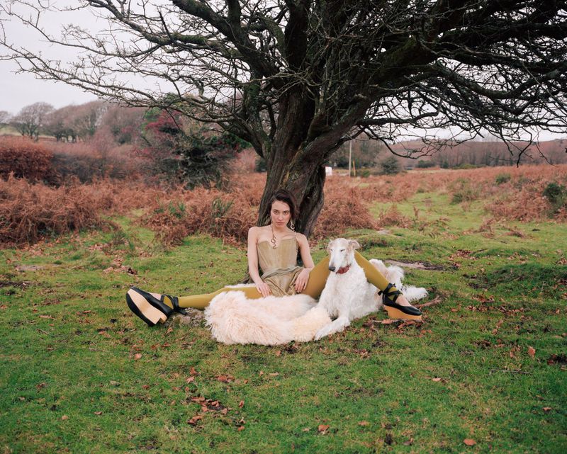 Model seated beneath a bare tree on a moor next to a large white borzoi dog, wearing a metallic corset and wedge platforms.
