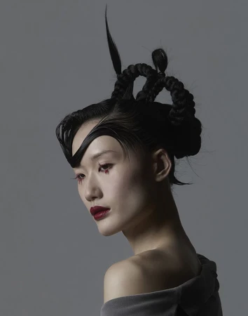Close-up portrait of an East Asian woman with avant-garde braided black hair and dramatic red lipstick against a plain grey background