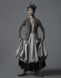 Model wearing a grey blazer, voluminous pleated skirt, and avant-garde sculpted hair against a grey background.