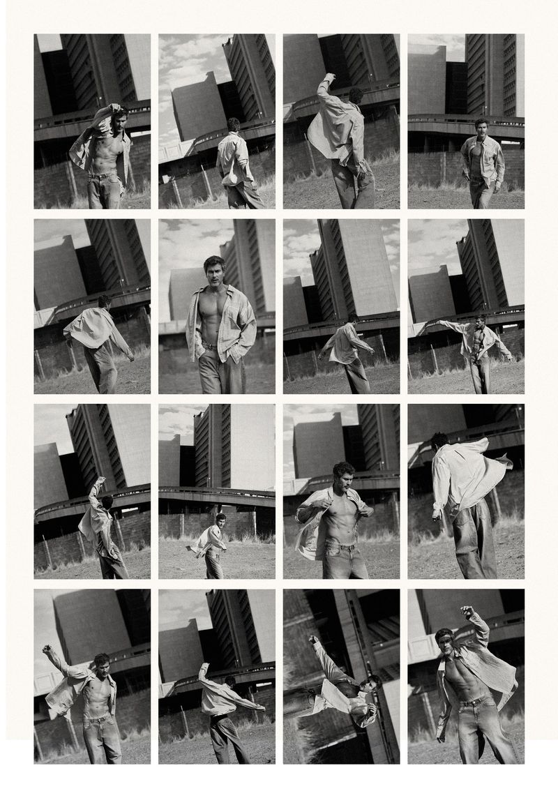 Contact sheet of sixteen monochrome fashion photographs featuring a male model posing outside near brutalist architecture.