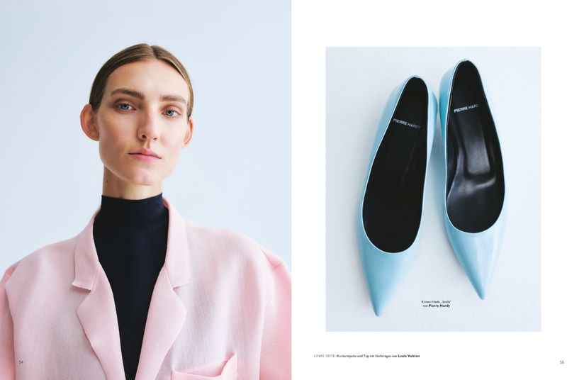 Model wearing light pink blazer and dark turtleneck beside an inset image of light blue pointed pumps for Grazia Germany