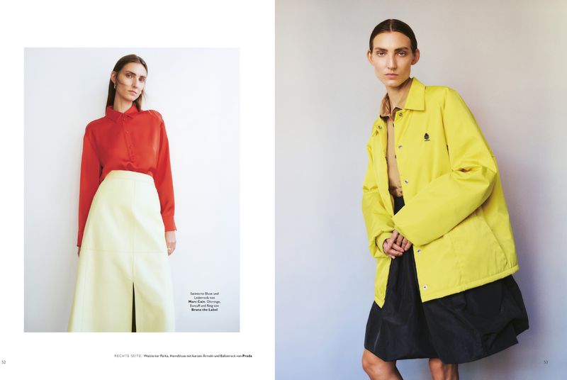 Editorial double-page spread featuring Lisa Helene Kramer wearing colorful fashion looks for Grazia Germany.