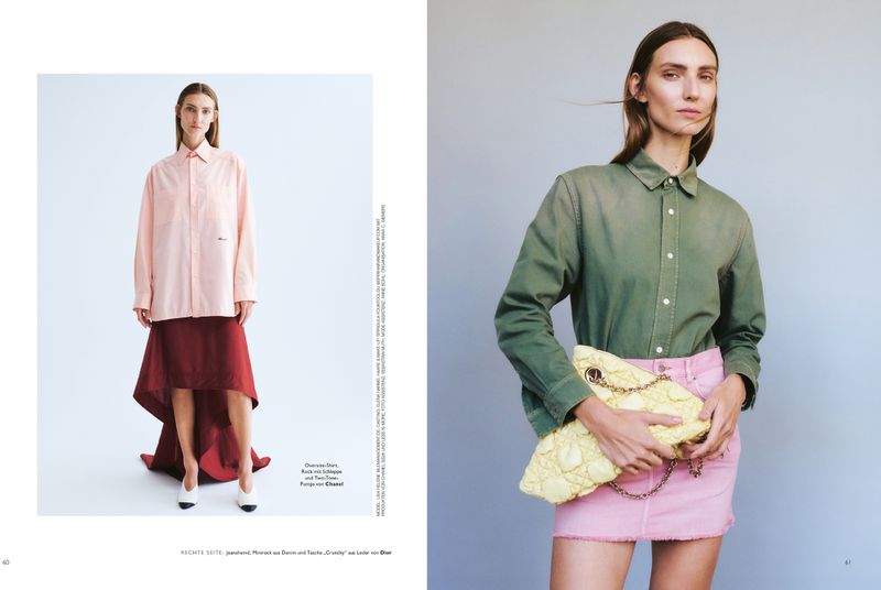 Model Lisa Helene Kramer in an editorial spread for Grazia Germany wearing a green button-down shirt and pink mini skirt holding a yellow bag