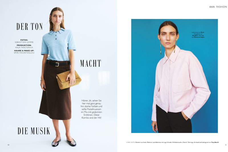Magazine double-page spread featuring fashion photography by Sebastian Lemme for Grazia Germany with model Lisa Helene Kramer.