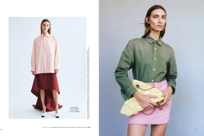Model Lisa Helene Kramer in an editorial spread for Grazia Germany wearing a green button-down shirt and pink mini skirt holding a yellow bag