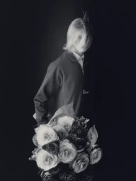 Model Nand Quivreux holding a bouquet of roses wearing a Dior jacket for Greatest Magazine in a dramatic monochrome portrait