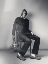 Model Nand Quivreux seated on a chair holding wrapped flowers in a studio portrait for Greatest Magazine DIOR project