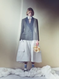 Model wearing a dark blazer and white flared skirt holding a floral bouquet against a soft gradient studio backdrop.