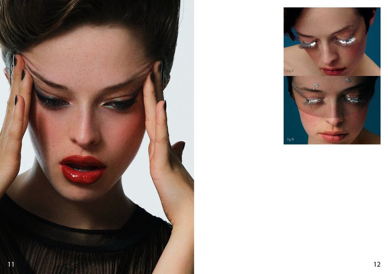 Close-up portrait of model Cassady Clover holding head with glossy red lips and dark nails for Duel Magazine by Zoe Kovacs