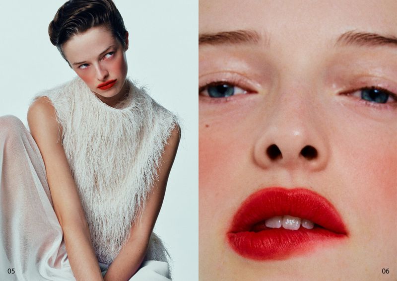 Close-up split image featuring a model with vibrant red lipstick and a textured white fringed top against a pale background for Duel Magazine