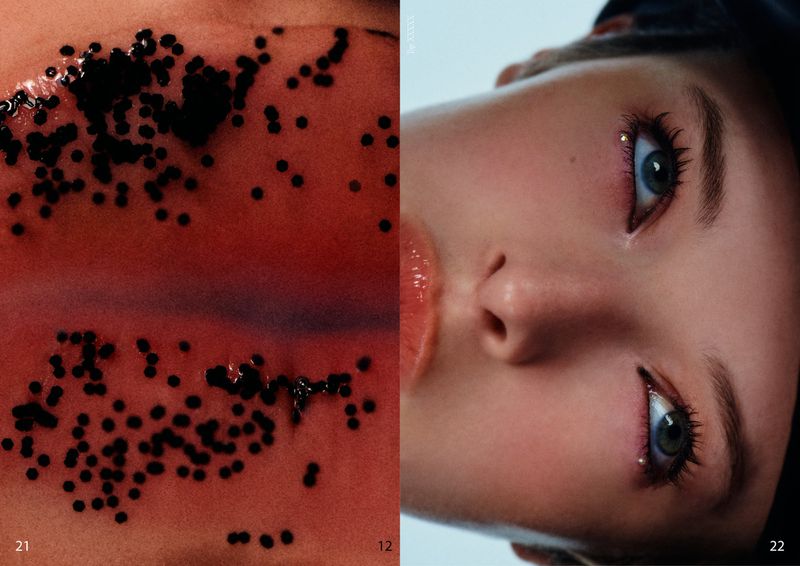 Close-up portrait of a model with detailed eye makeup and scattered black dots on skin for Duel Magazine Waiting Time project
