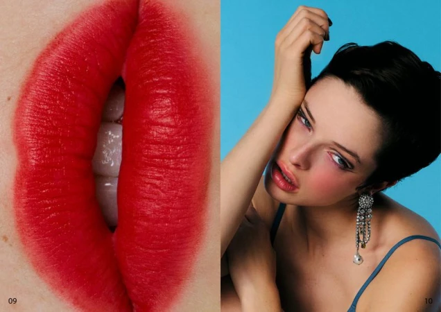 Close-up split image showing vibrant red lips on the left and a model with dark hair wearing crystal earrings and a blue top on the right.