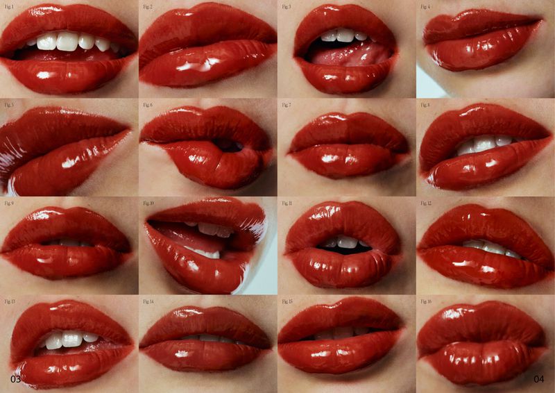 A multi-panel macro photograph showcasing glossy red lipstick on lips in various poses for Duel Magazine.