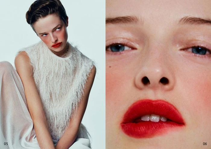 Close-up split image featuring a model with vibrant red lipstick and a textured white fringed top against a pale background for Duel Magazine