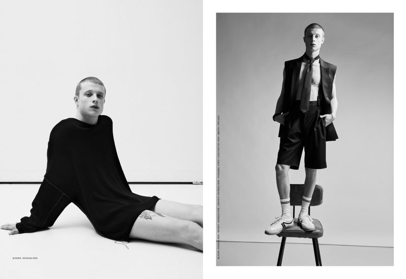 Black and white editorial diptych featuring actor Francesco di Tullio in dark menswear against a plain light studio background.