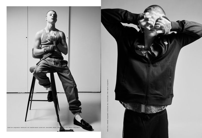 Black and white editorial diptych of actor Francesco di Tullio posing in a tank top, trousers, and tracksuit jacket against a neutral studio backdrop.