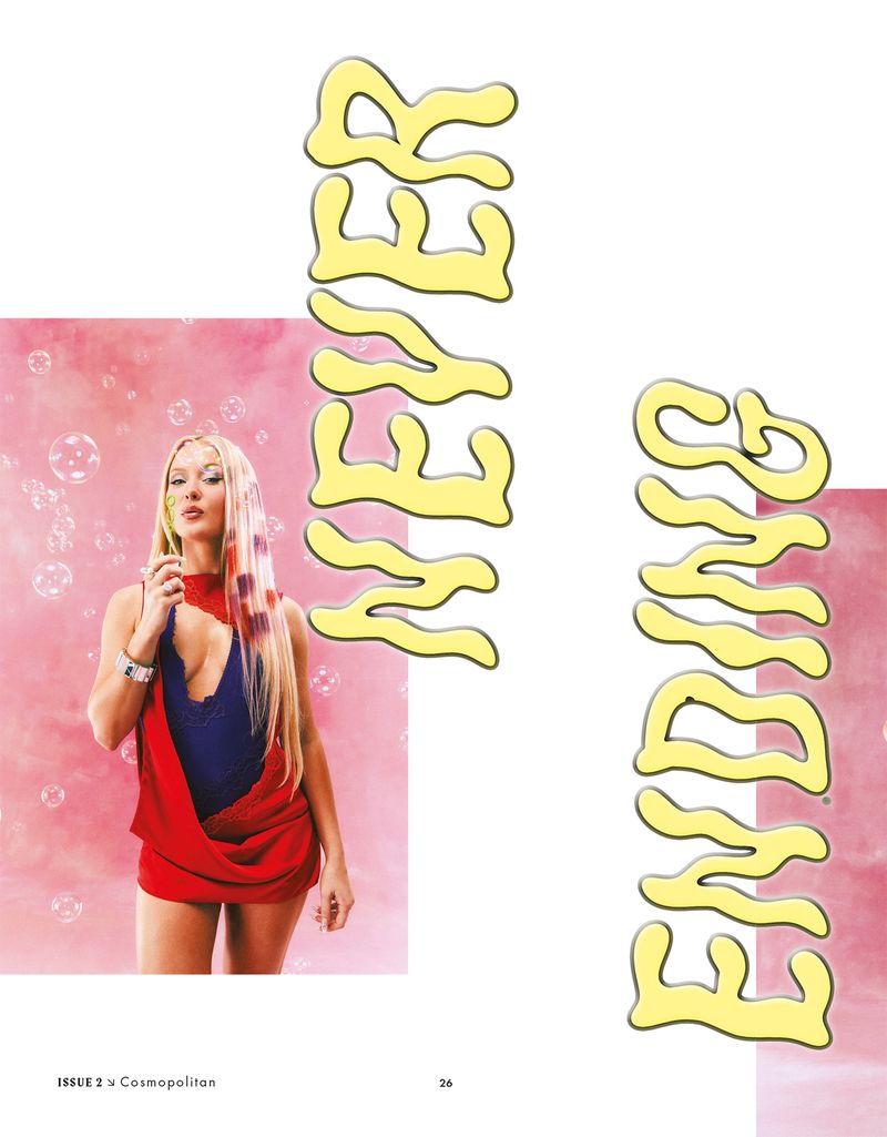 Zara Larsson wearing a red and blue dress blowing bubbles in a magazine editorial layout with yellow typography