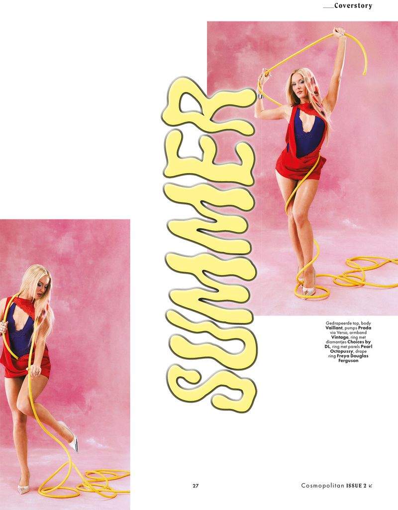 Zara Larsson holding a yellow rope in a fashion editorial spread for Cosmopolitan Netherlands against a pink background