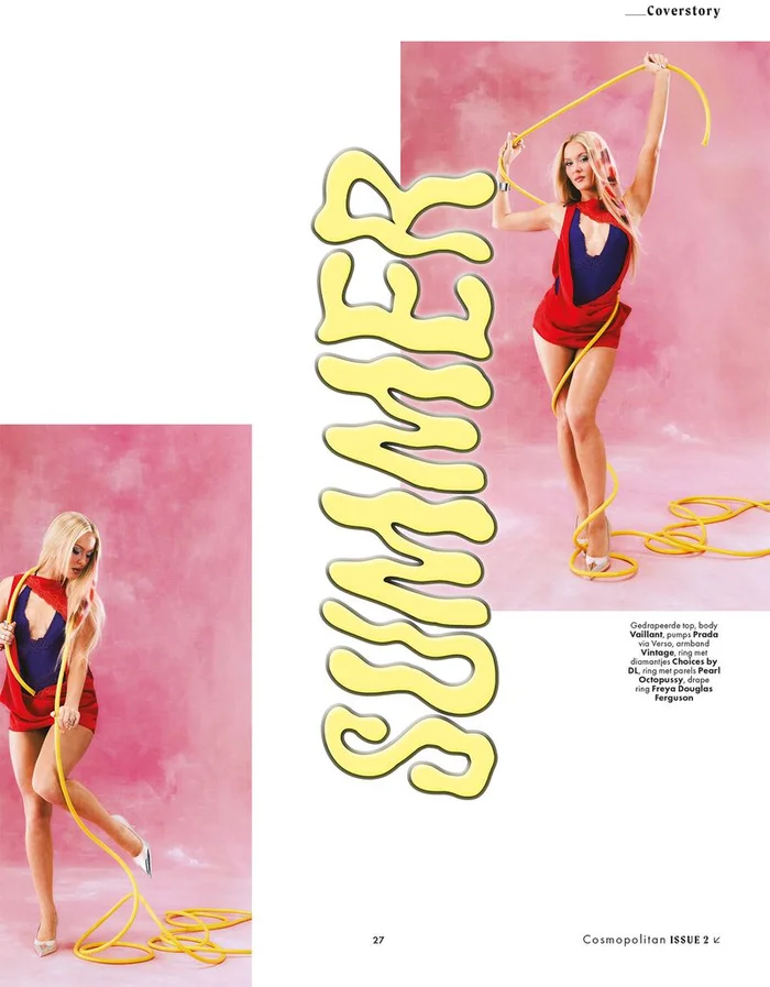 Zara Larsson holding a yellow rope in a fashion editorial spread for Cosmopolitan Netherlands against a pink background