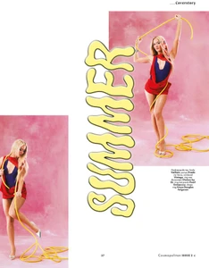 Zara Larsson holding a yellow rope in a fashion editorial spread for Cosmopolitan Netherlands against a pink background