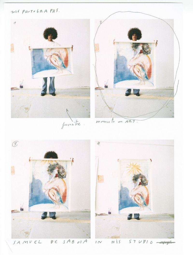 Contact sheet of four Polaroid-style photographs showing an artist holding up a large canvas painting in a white studio space
